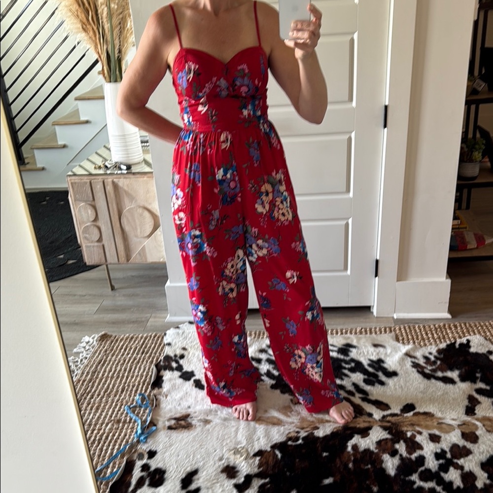 Floral Red Jumpsuit w Adjustable Straps & Pockets